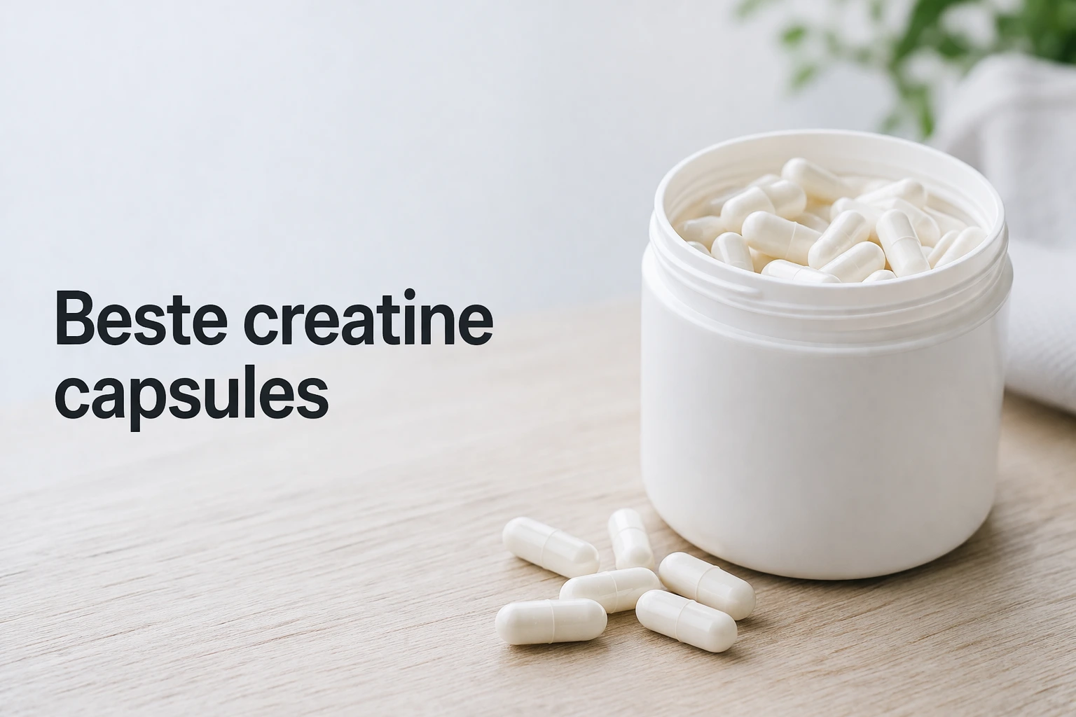 Witte pot met creatinecapsules op een houten tafel