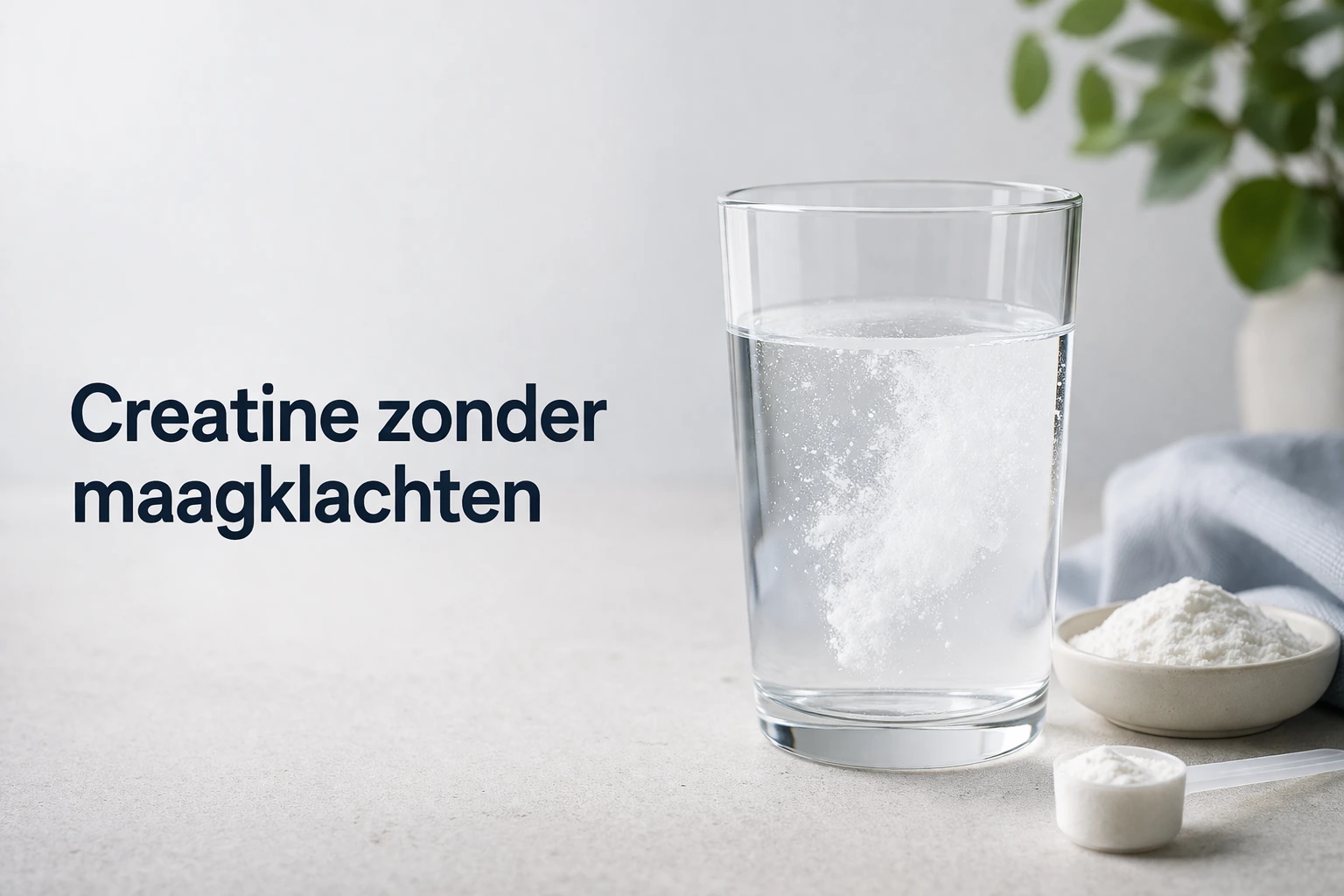Creatine zonder maagklachten met glas water en creatinepoeder
